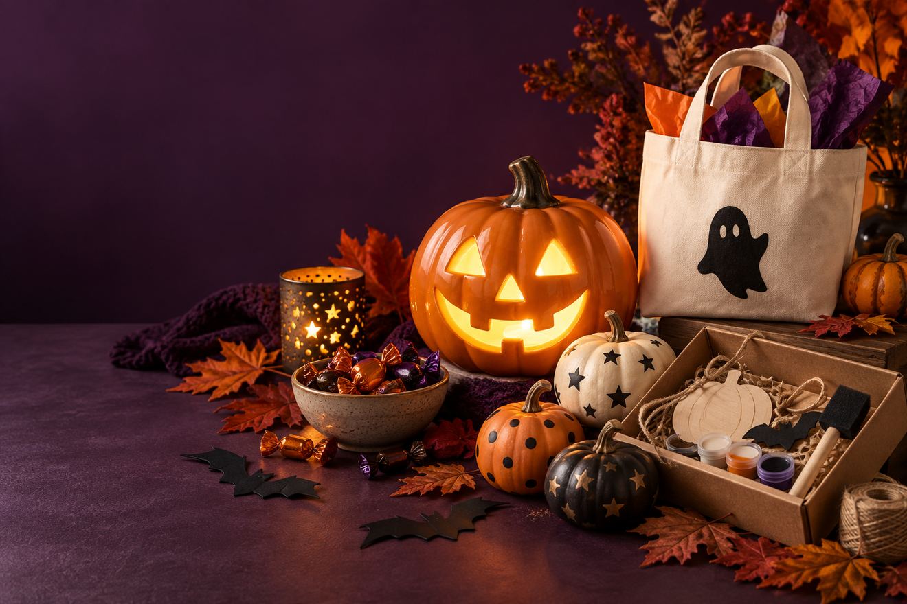 A warmly lit Halloween scene with pumpkins and imaginative seasonal details