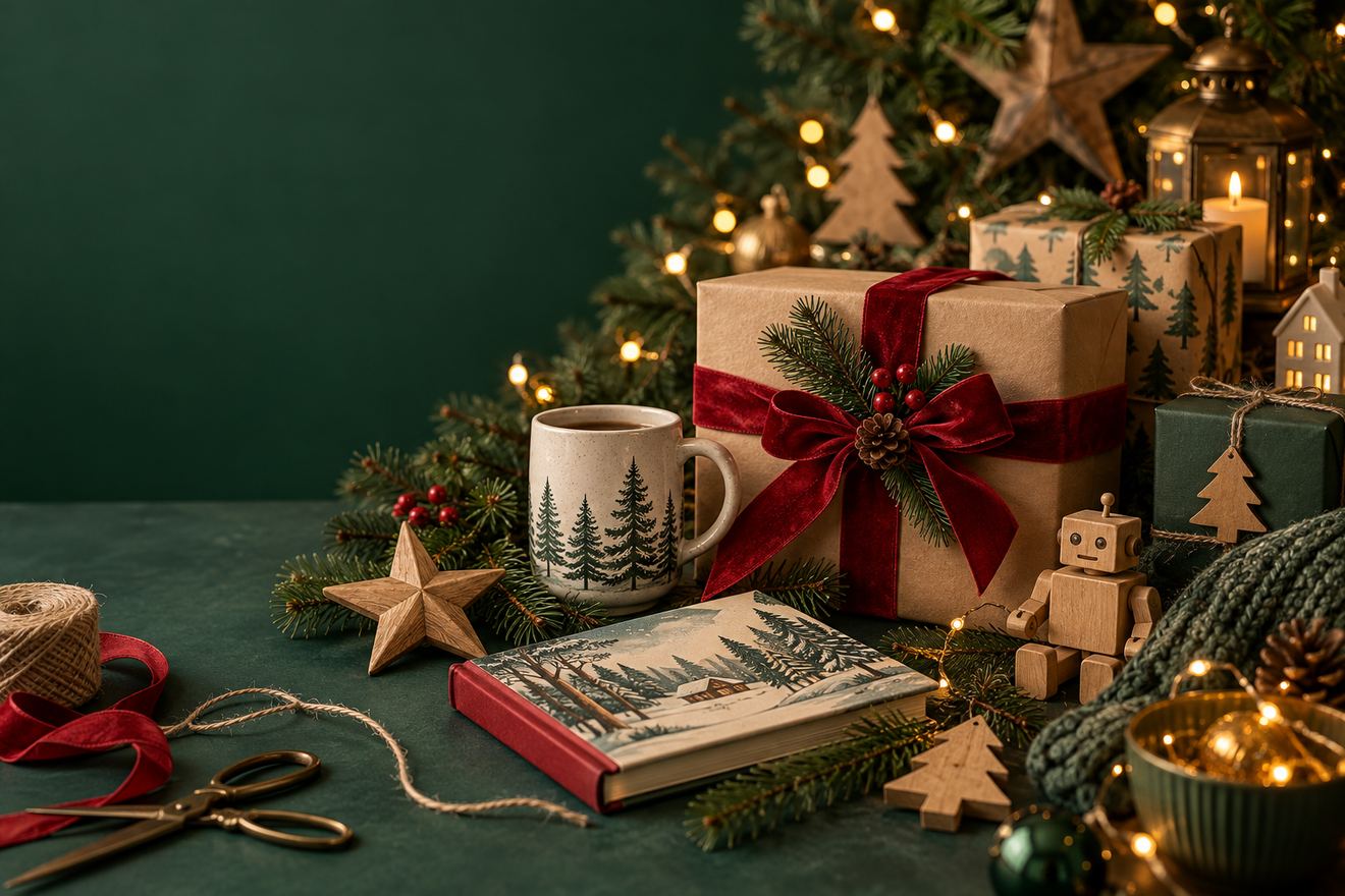 A cozy Christmas scene with greenery, warm lights and thoughtfully wrapped gifts