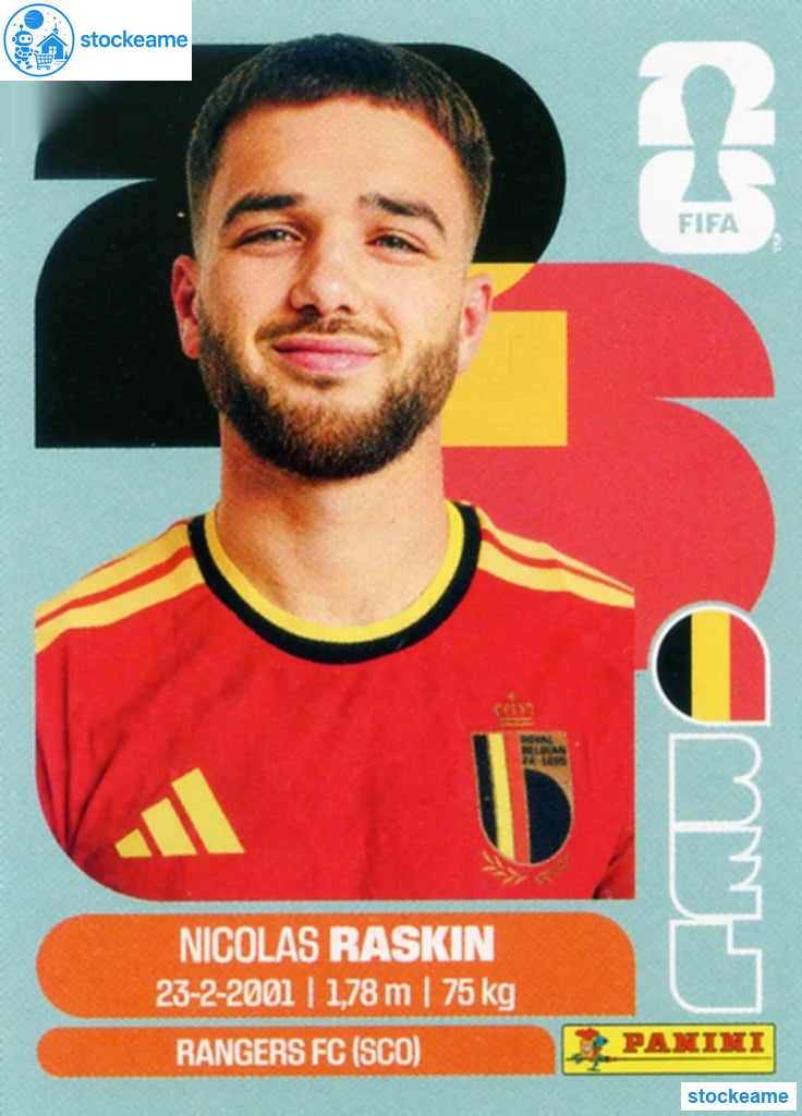 BEL011 - Nicolas Raskin | Belgium | Panini World Cup 2026 Base Sticker - Image 2